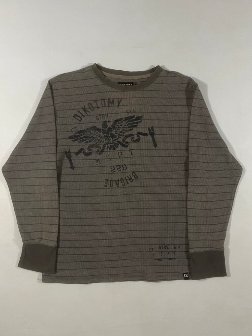 Y2K Dikotomy Striped Waffle Knit Eagle Graphic Long Sleeve Thermal Shirt L